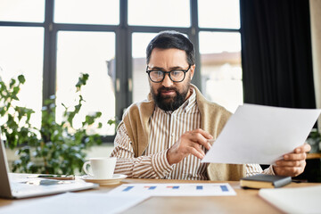 Elderly man reviews documents at a cozy workspace surrounded by plants and natural light