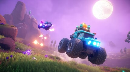 Two monster trucks race at night across a vibrant landscape under a full moon, explosions and purple energy trails in the air.