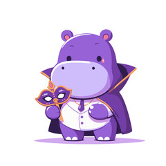 Naklejka premium Hippo vampire in purple cape with mask. Vector illustration concept for Halloween celebration mascot or costume party character design.