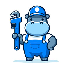 Obraz premium Plumber hippo in blue overalls holding wrench. Vector illustration concept for home repair service mascot or maintenance company character design.