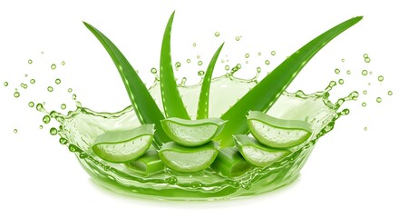 Refreshing Aloe Vera Juice Splash Green Leaves Healthy Drink Natural Skincare Beauty Product Gel Spa