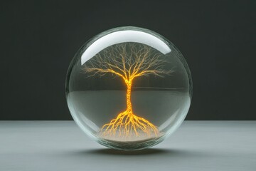 Illuminated tree design encased in glass sphere, symbolizing lif
