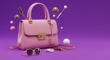 Obraz premium Pink handbag with accessories, a stylish choice.