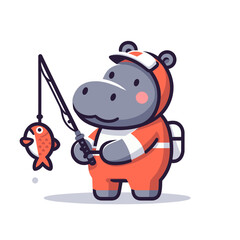 Naklejka premium Fisherman hippo with fishing rod and caught fish. Vector illustration for outdoor recreation, fishing hobby or lakeside leisure activity concepts.