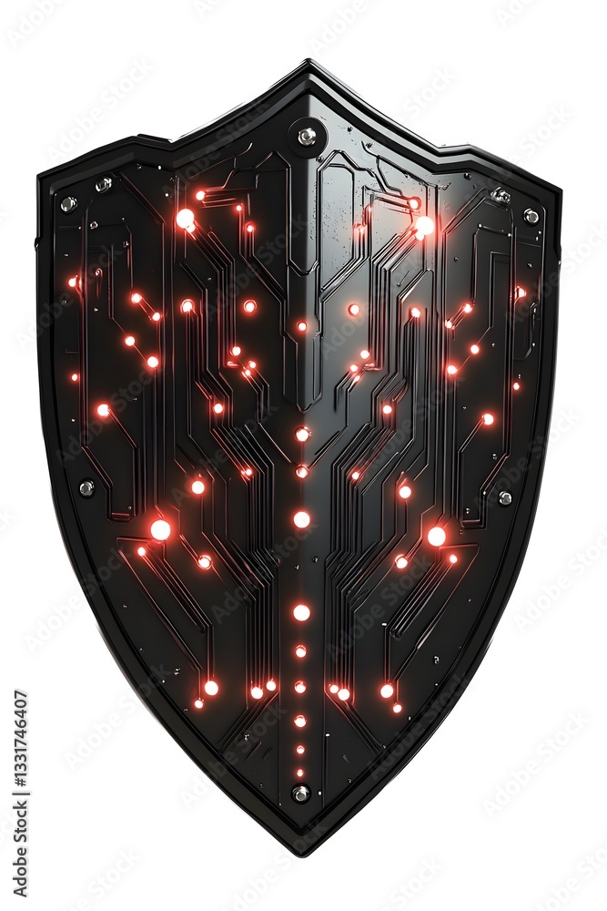 Poster futuristic shield design with glowing circuitry patterns, showcasing advanced technology and protect