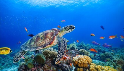 Obraz premium Graceful sea turtle gliding effortlessly through a vibrant coral reef, surrounded by colorful fish and brightly hued coral formations. Underwater paradise