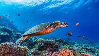 Naklejka premium Graceful sea turtle gliding effortlessly through a vibrant coral reef, surrounded by colorful fish and brightly hued coral formations. Underwater paradise