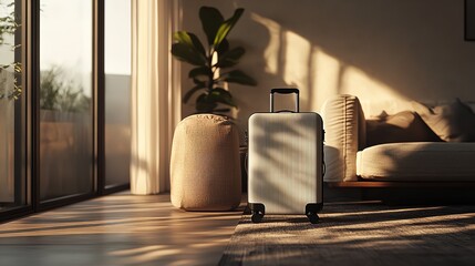 White suitcase in the room. Travel concept.