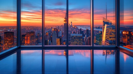 Stunning sunset cityscape view from modern skyscraper window.