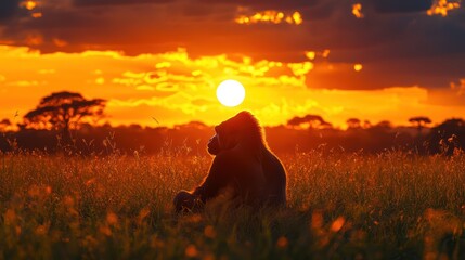 Gorilla silhouetted against a vibrant sunset in a tall grass savanna.