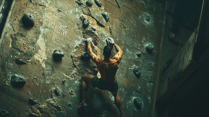 Strong muscular man climbing indoor rock wall intense workout gym grit power sport human active