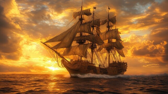 a majestic 18th-century wooden sailing ship with towering masts and billowing sails, cutting through the ocean waves at sunset, golden light reflecting off the water. 