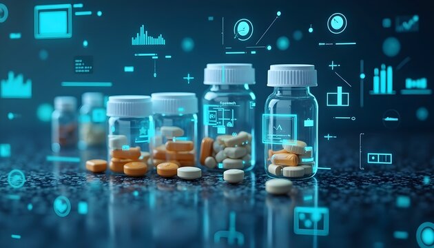 Bottles of pills with digital data visualization background.