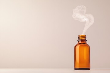 Amber bottle releases aromatic steam, showcasing elegance and tr