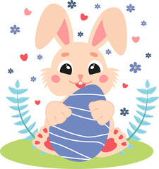 Cute Easter bunny holding an egg.  Vector illustration on transparent background.