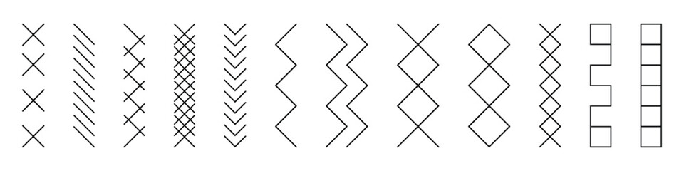 Embroidery stitches. Sewing machine lines different ornamental forms dividers and borders recent vector stiches templates set