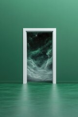 Doorway reveals cosmic scene, blending reality with dreamlike el
