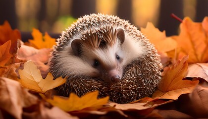 Tiny hedgehog curled snugly under a blanket of fallen leaves in the taiga, its spiny back hidden for warmth and protection. A cozy and natural autumn scene