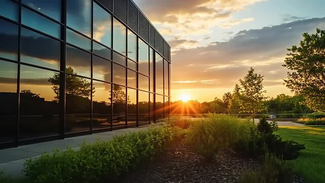 Sunset reflecting on modern glass building with lush greenery and vibrant sky in serene park setting