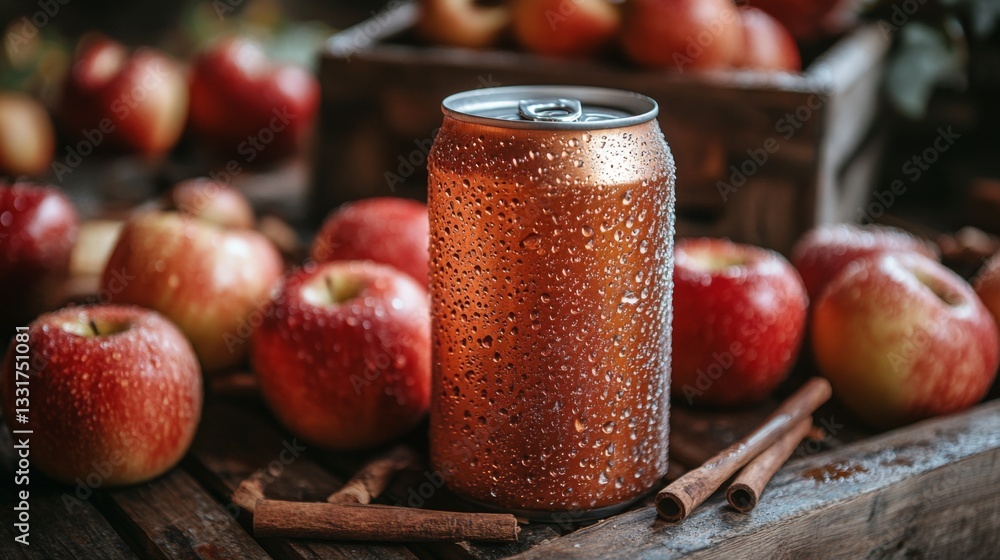 Aufkleber A cold can covered in droplets sits prominently on a wooden table. Surrounding it are fresh red apples and cinnamon sticks, creating an inviting autumn atmosphere.
