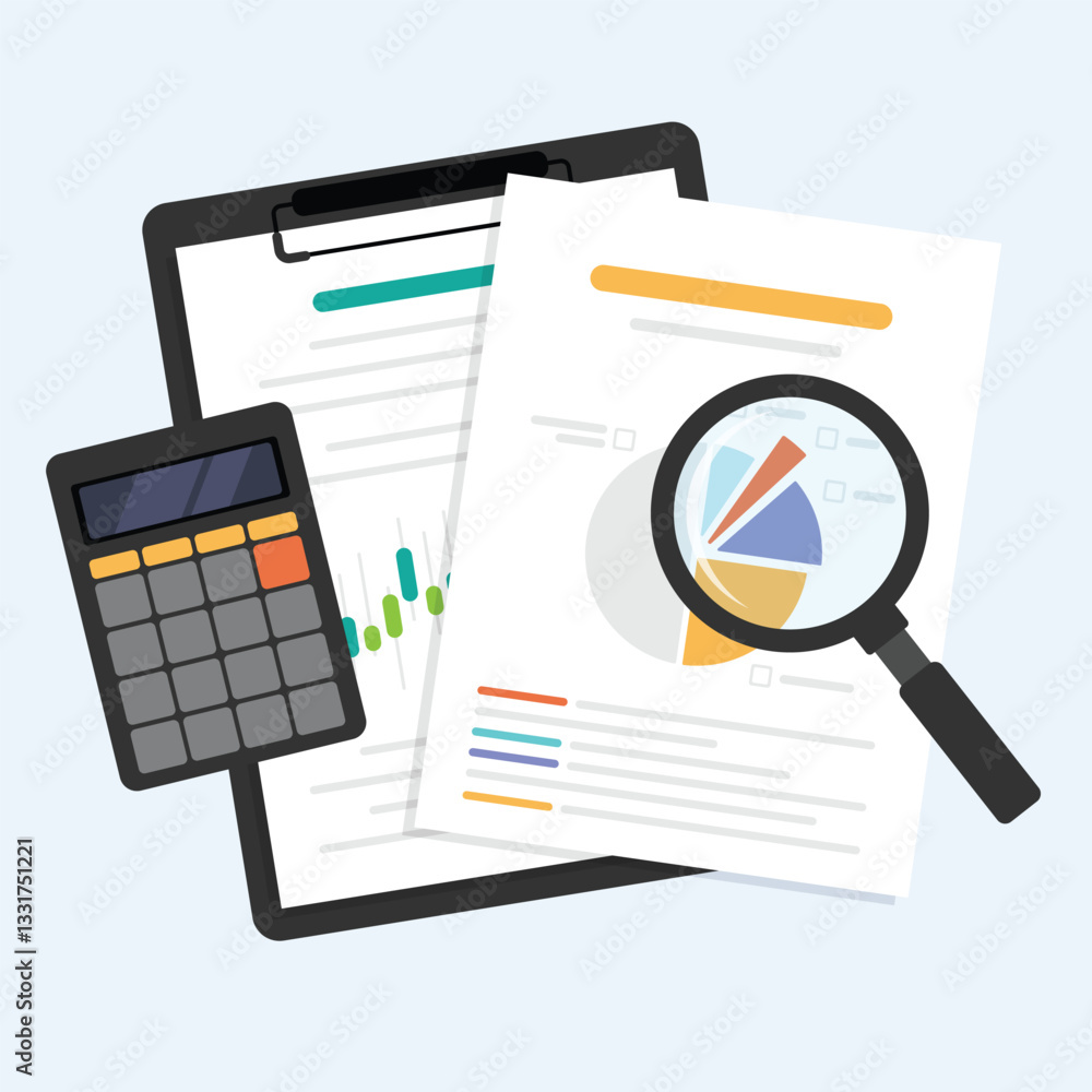 Poster document data analytic, finance graph report for business with magnifying glass, paper data sheet on