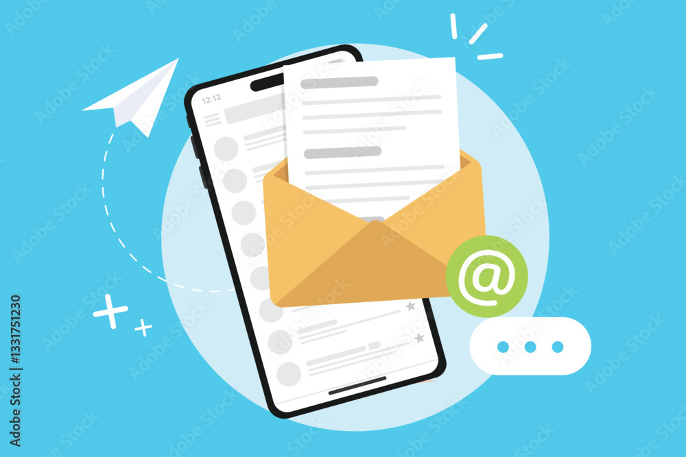 Poster mobile phone with email notifications, smartphone mail app open on mobile screen concept.