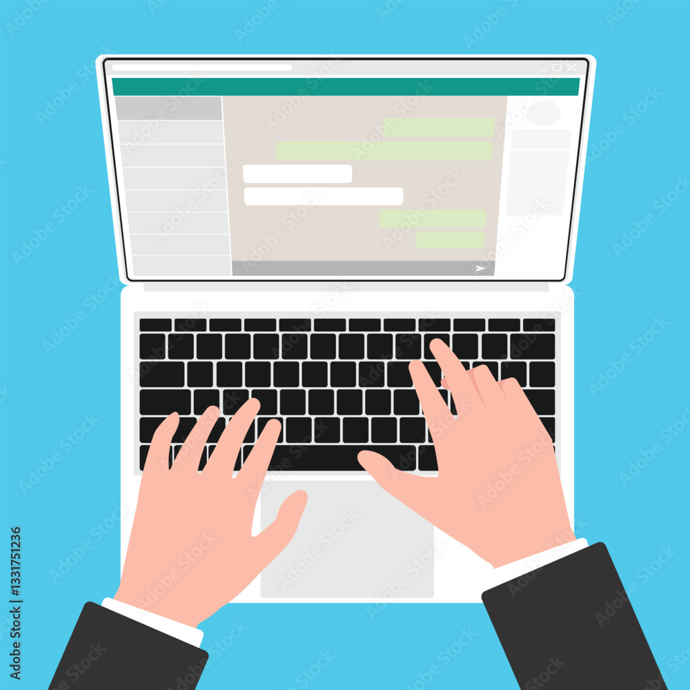 Poster business hands typing on laptop, top view chat message ui on computer screen.