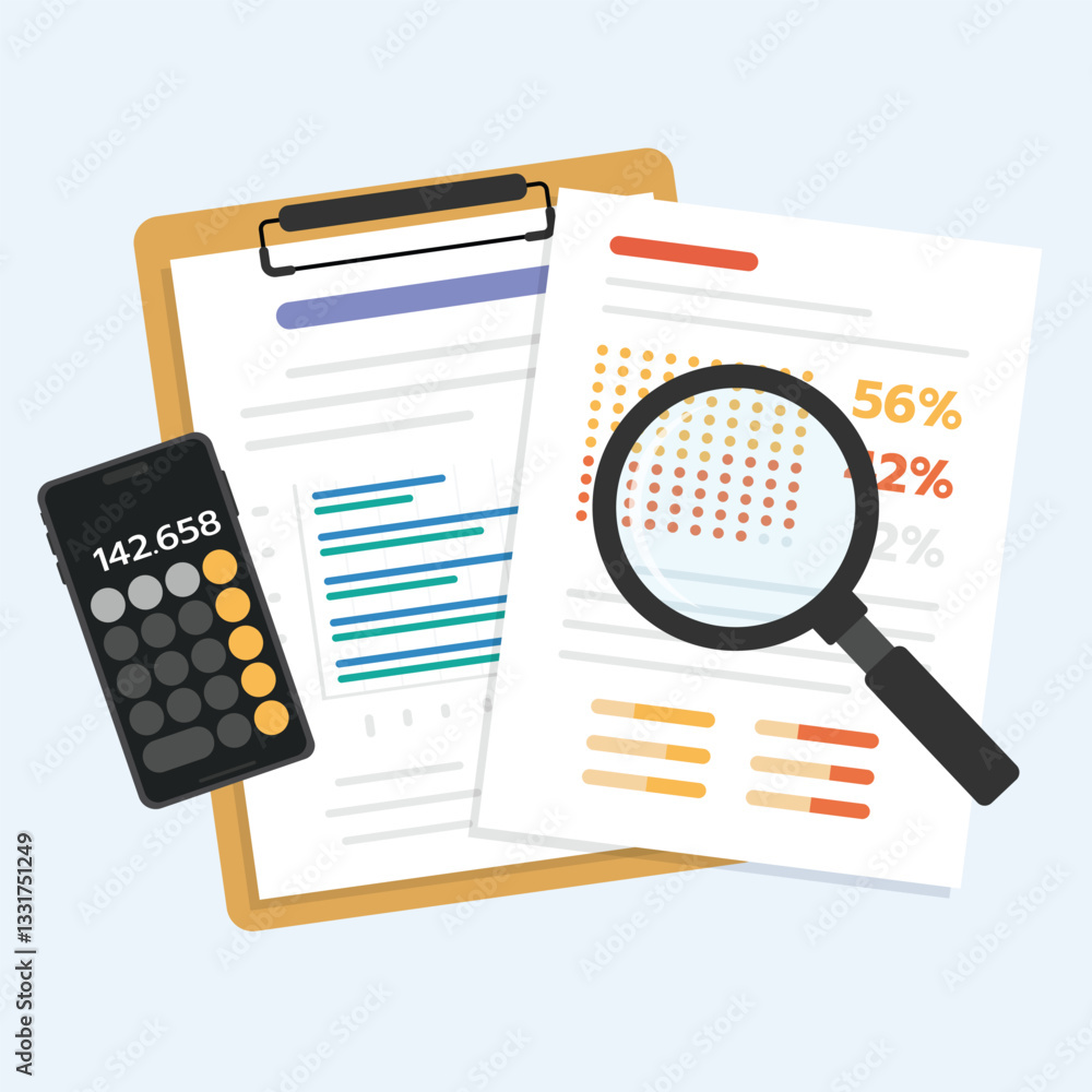 Poster data document on clipboard, auditing financial documents analysis with magnifying glass and calculat