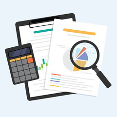 Document data analytic, Finance graph report for business with magnifying glass, Paper data sheet on clipboard with calculator.