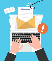 Data phishing email hacking while use laptop computer, Online scam envelope concept.