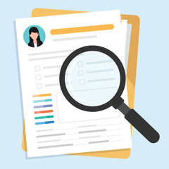 Resume CV document paper searching with magnifying glass in flat design.