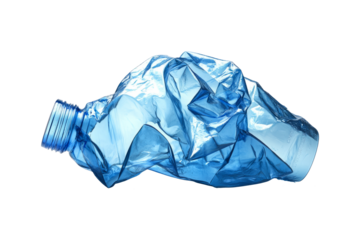Blue plastic bottle crumpled, isolated on white, clipping path