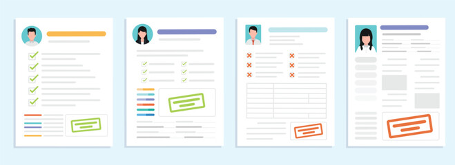 CV documents with approve stamping on, Resume paper sheet with decline stamp on, Document in flat design.