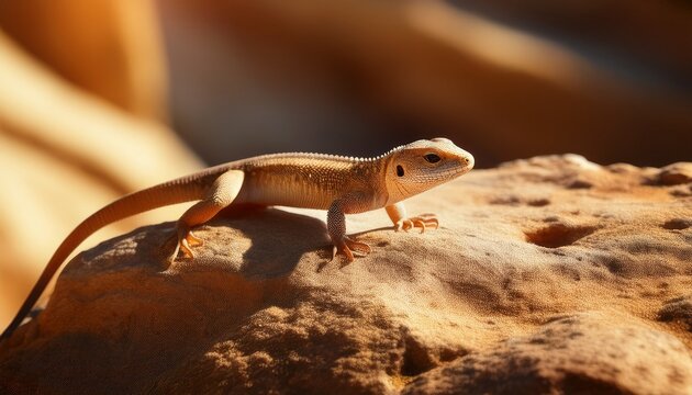 Quick and agile small lizard darting across a warm, sunlit rock, its sleek body and sharp eyes in constant motion, alert and observing its surroundings.