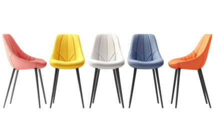 Stylish collection of modern chairs in vibrant colors arranged creatively on a white background