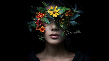 Ein Gesicht bedeckt mit Bl&uuml;ten.