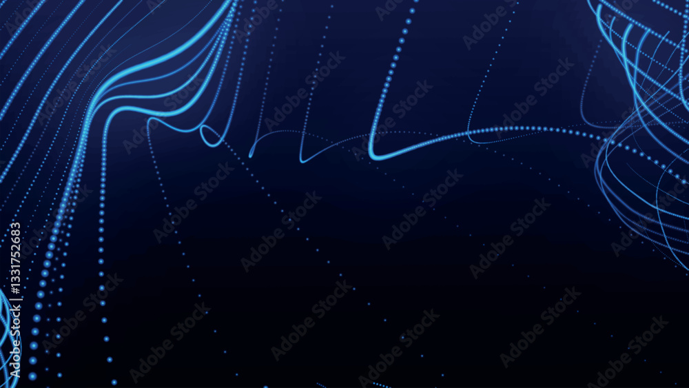 Poster dynamic wave of glowing particles. abstract dotted lines on dark background. chaotic colored lines. 