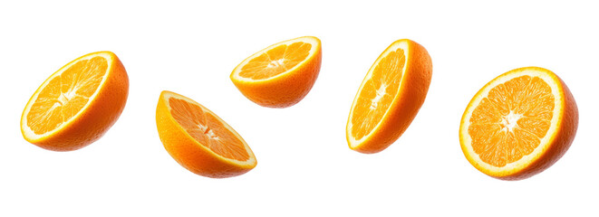 Floated slices of orange falling isolate on transparency background