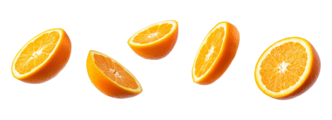 Floated slices of orange falling isolate on transparency background