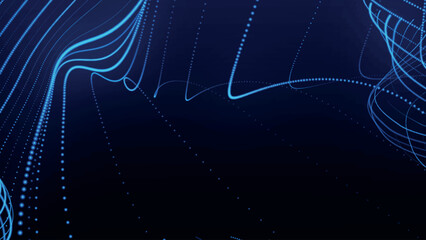 Dynamic wave of glowing particles. Abstract dotted lines on dark background. Chaotic colored lines. Motion effect. Vector illustration