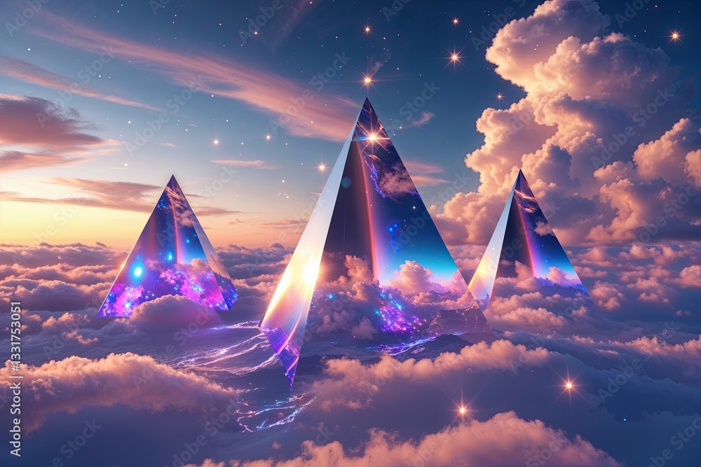 Poster Mesmerizing 3D Visuals of Shimmering Prisms and Dynamic Twilight Clouds at Horizon