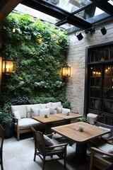 Obraz premium Rustic, elegant patio dining space with a living wall