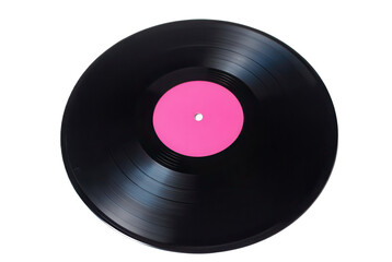 Classic Vinyl Record with Blank Pink Label on White Background