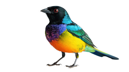 Fototapeta premium Colorful bird illustration PNG, vibrant rainbow songbird with iridescent feathers, isolated wildlife clipart for design