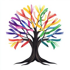Cancer awareness tree with multicolored ribbons isolated on white background