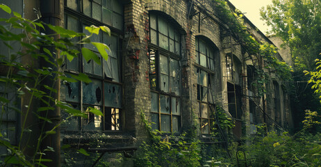 Fototapeta premium Urban Decay of an Abandoned Factory with Broken Windows and Overgrown Vegetation