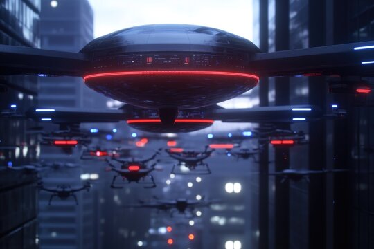 Futuristic cityscape illuminated by hovering drones, creating dy