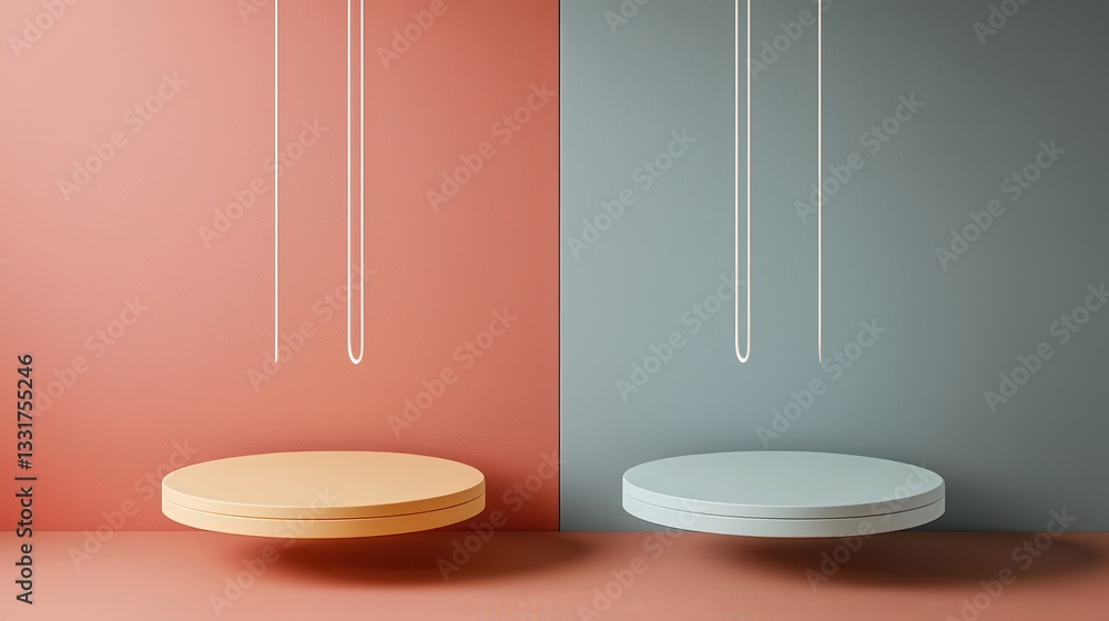 Poster minimalist display stand on a two-tone background with soothing colors and clean lines