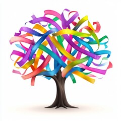 Cancer awareness tree with multicolored ribbons isolated on white background