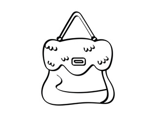 Line drawing of a triangular-shaped shoulder bag with a front flap and buckle